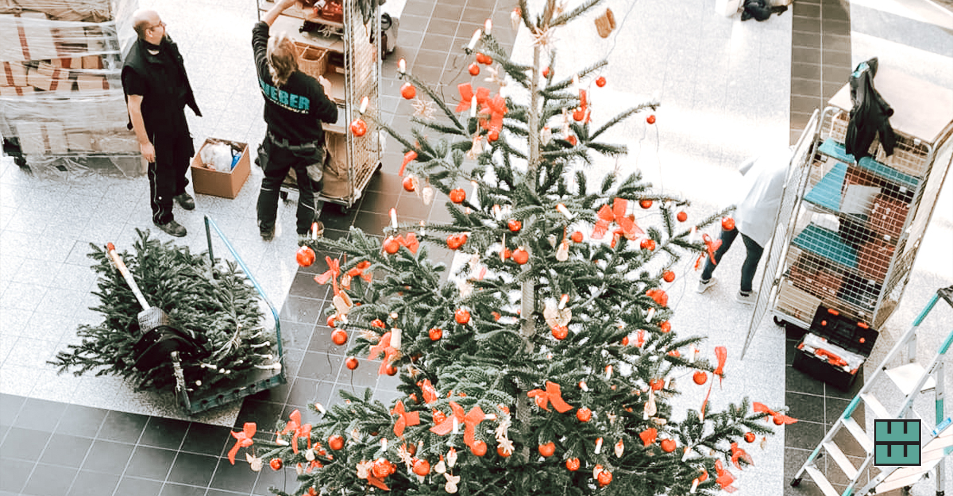 Auch diesen schönen Weihnachtsbaum in der Sparkassenfiliale in der Speicherstraße in Hildesheim haben wir aufgestellt und geschmückt.
